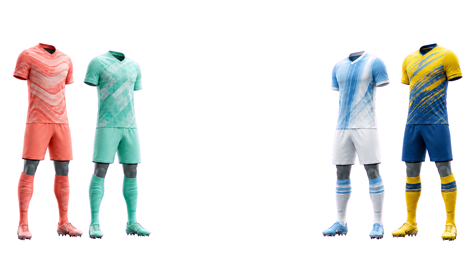 Quatre tenues de football sublimées, deux à gauche et deux à droite